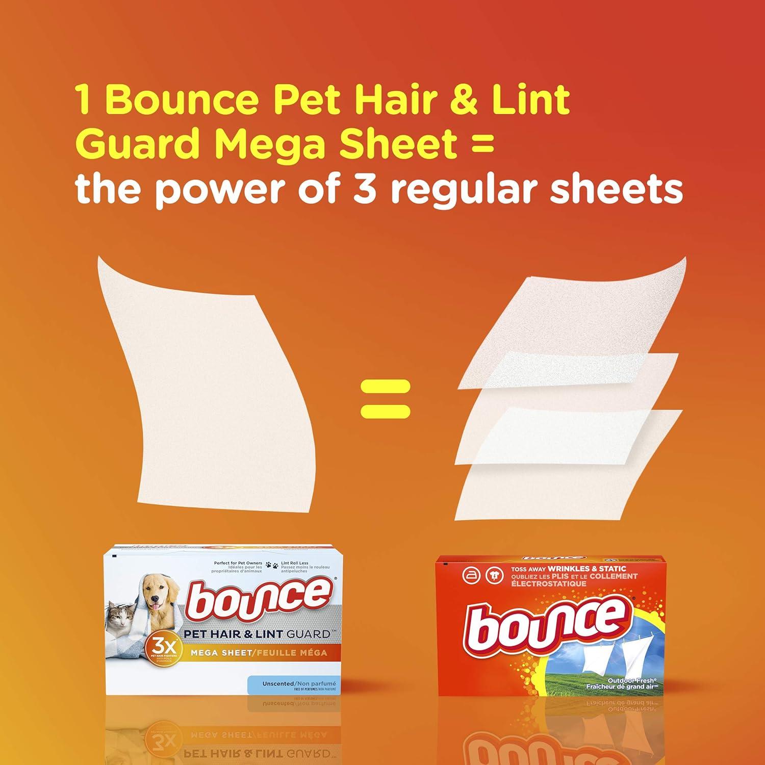 image:imageBouce Bounce Pet Hair and Lint Guard Mega Dryer Sheets for Laundry Fabric Softener with 3X Pet Hair Fighters Unscented Hypoallergenic 120 Count120 Count Pack of 1