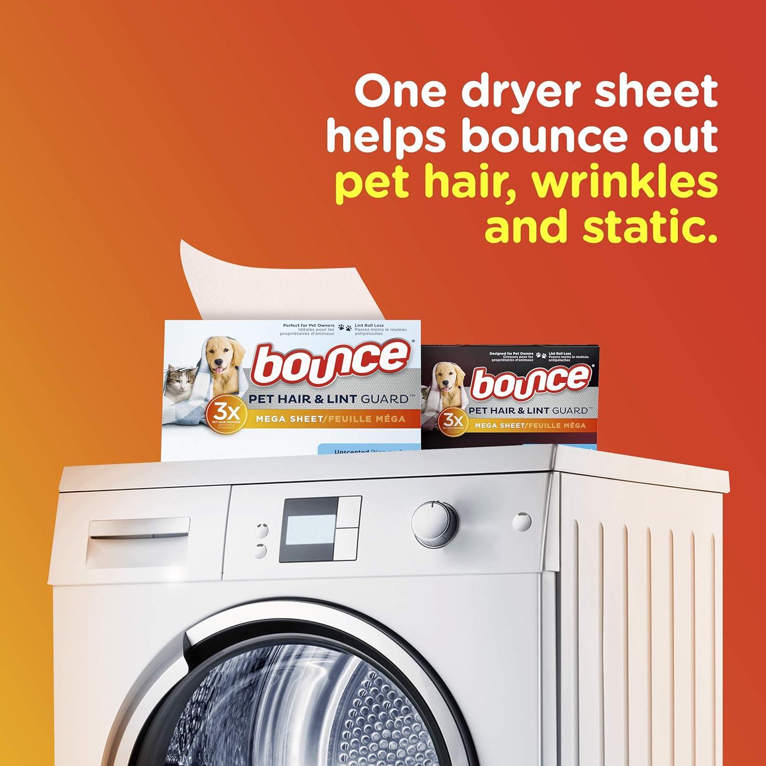 image:imageBouce Bounce Pet Hair and Lint Guard Mega Dryer Sheets for Laundry Fabric Softener with 3X Pet Hair Fighters Unscented Hypoallergenic 120 Count120 Count Pack of 1