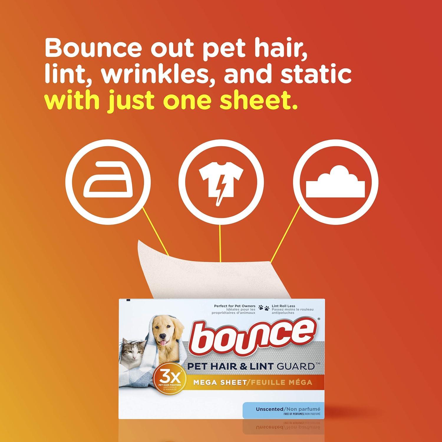 image:imageBouce Bounce Pet Hair and Lint Guard Mega Dryer Sheets for Laundry Fabric Softener with 3X Pet Hair Fighters Unscented Hypoallergenic 120 Count120 Count Pack of 1