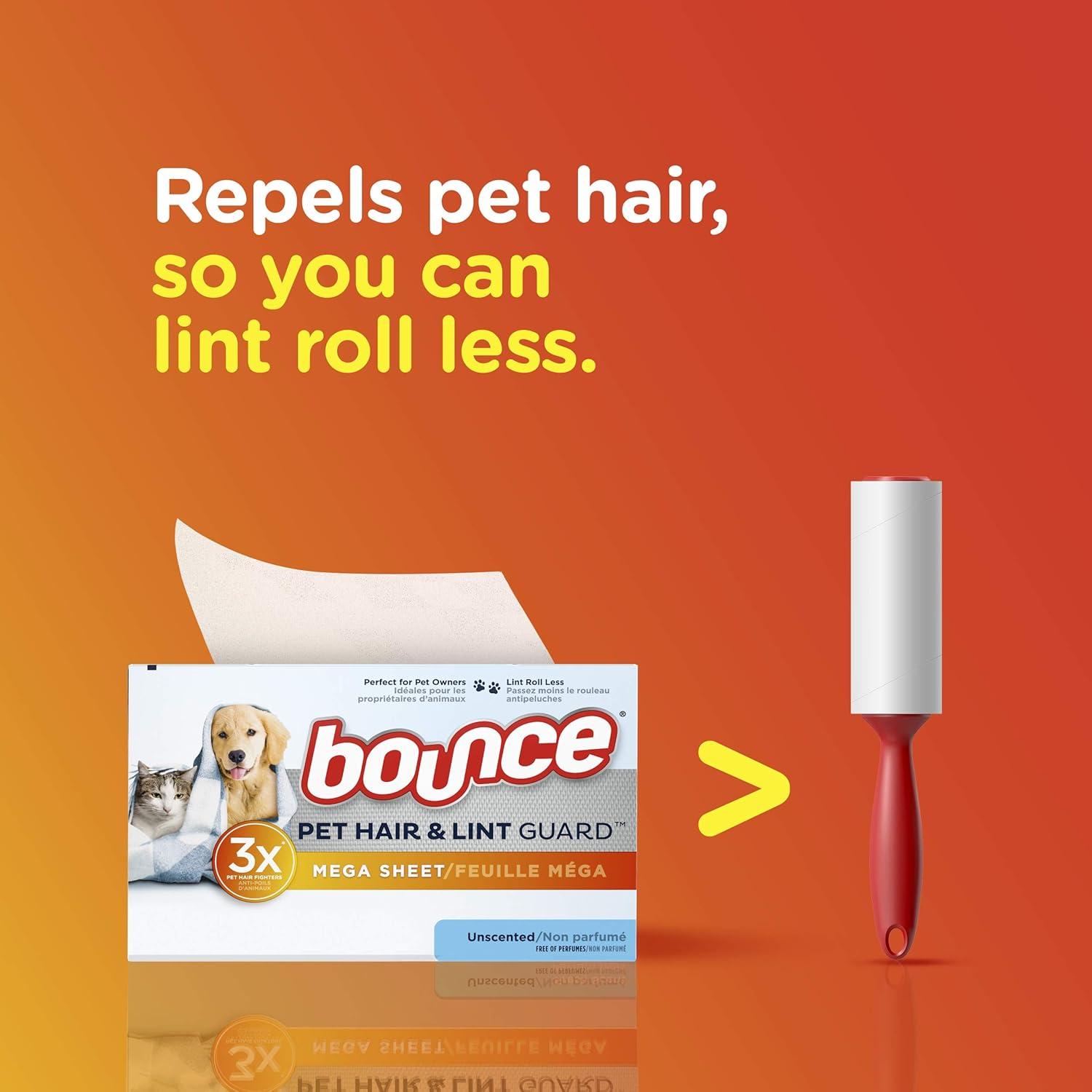 image:imageBouce Bounce Pet Hair and Lint Guard Mega Dryer Sheets for Laundry Fabric Softener with 3X Pet Hair Fighters Unscented Hypoallergenic 120 Count120 Count Pack of 1