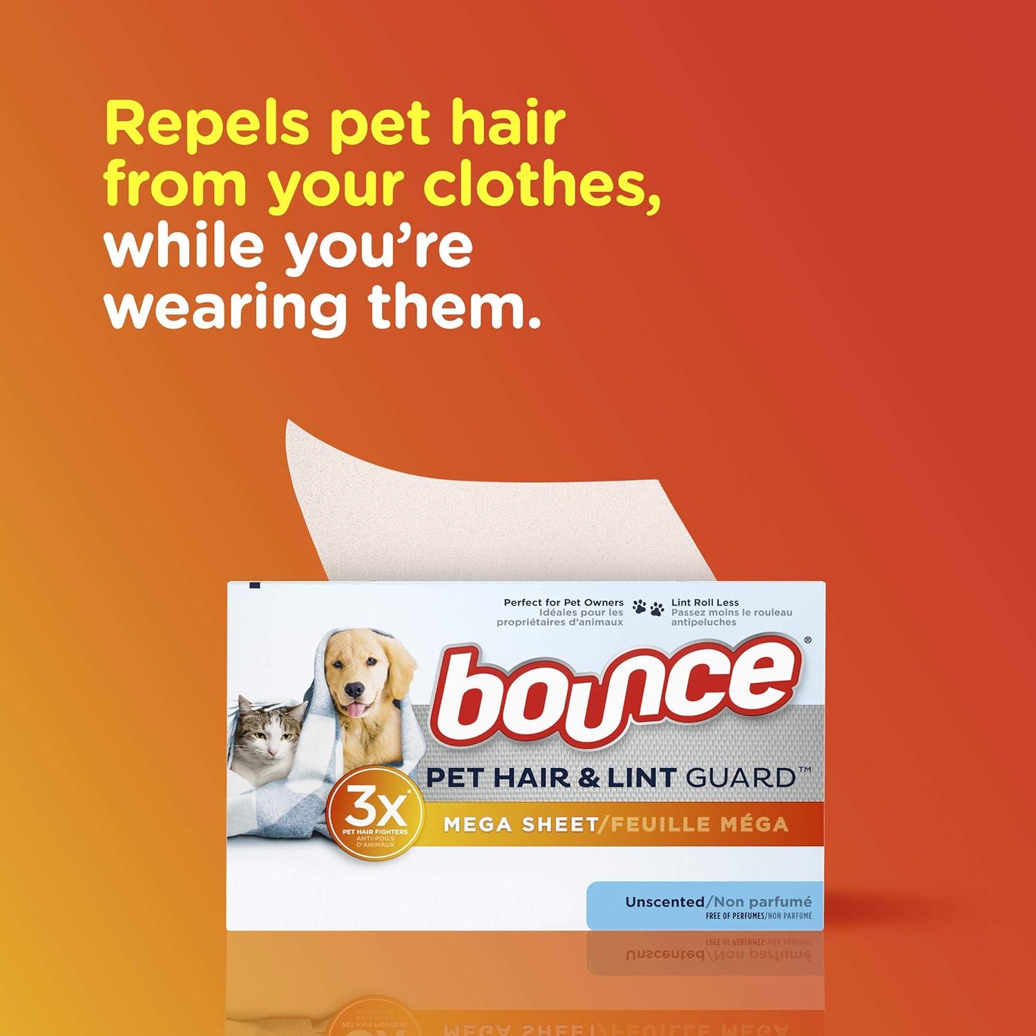 image:imageBouce Bounce Pet Hair and Lint Guard Mega Dryer Sheets for Laundry Fabric Softener with 3X Pet Hair Fighters Unscented Hypoallergenic 120 Count120 Count Pack of 1