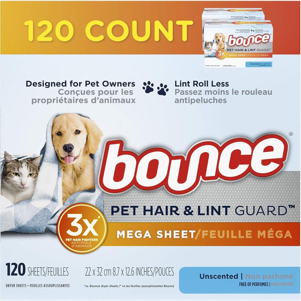 image:imageBouce Bounce Pet Hair and Lint Guard Mega Dryer Sheets for Laundry Fabric Softener with 3X Pet Hair Fighters Unscented Hypoallergenic 120 Count120 Count Pack of 1